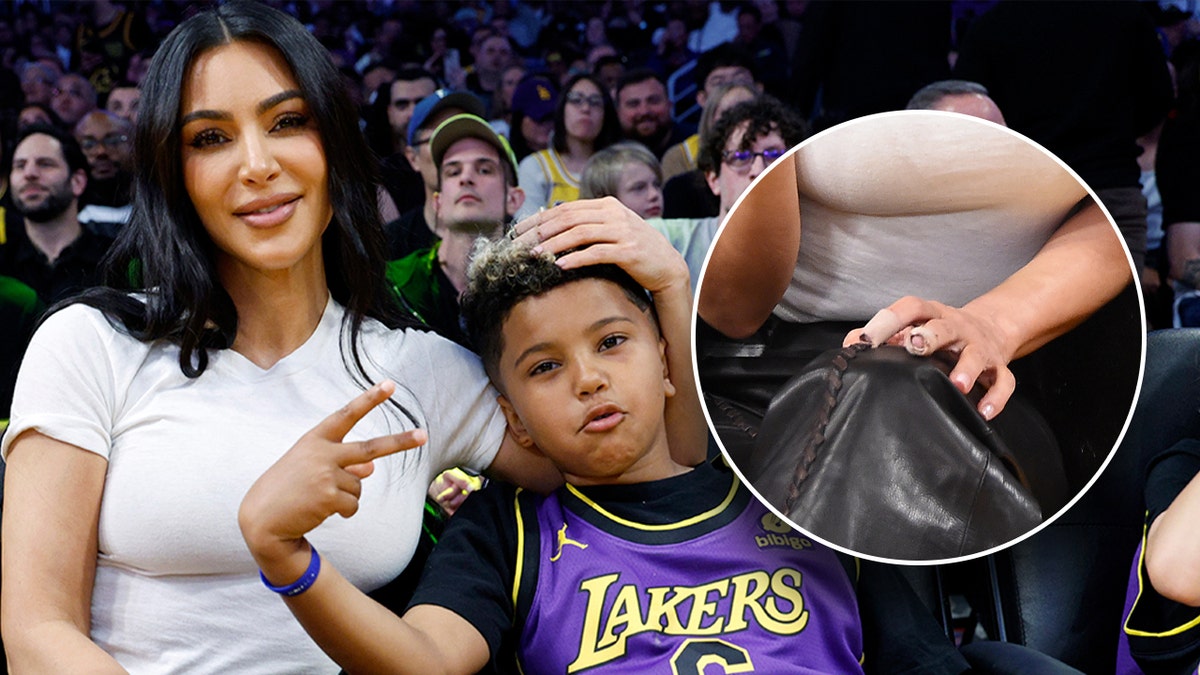 Kim Kardashian at basketball game with Saint West and zoomed in photo of her injured finger