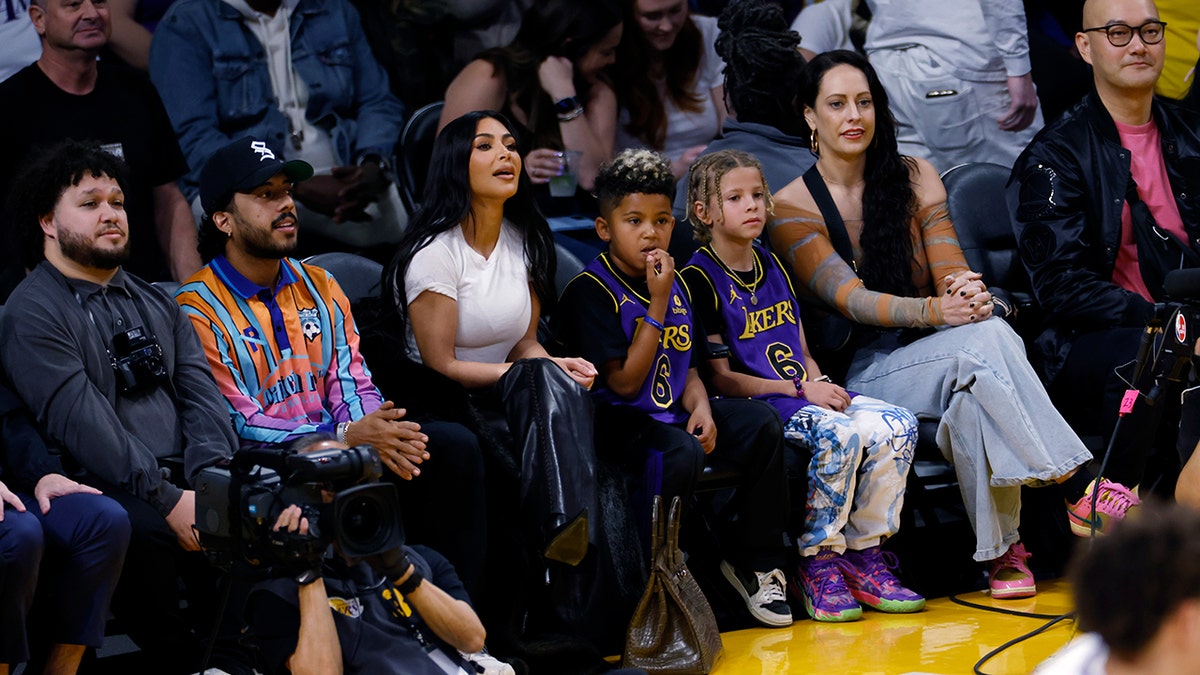 Kim Kardashian at Lakers game with Saint West
