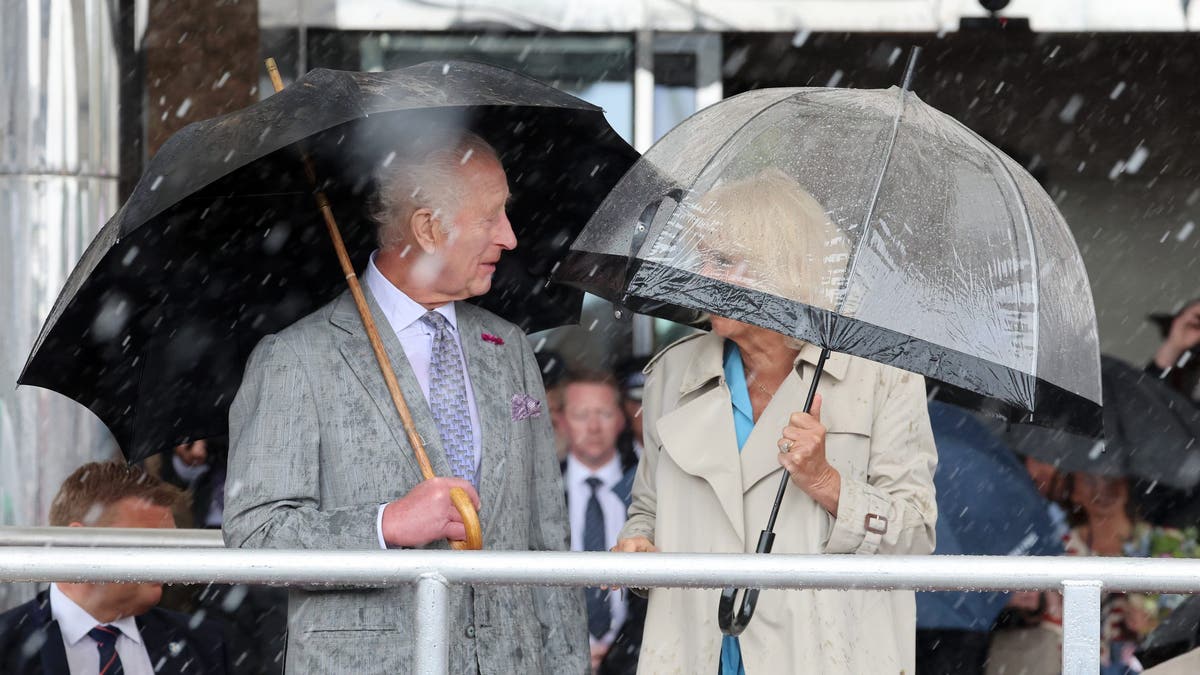 A photo of King Charles and Queen Camilla standing with umbrellas in the rain