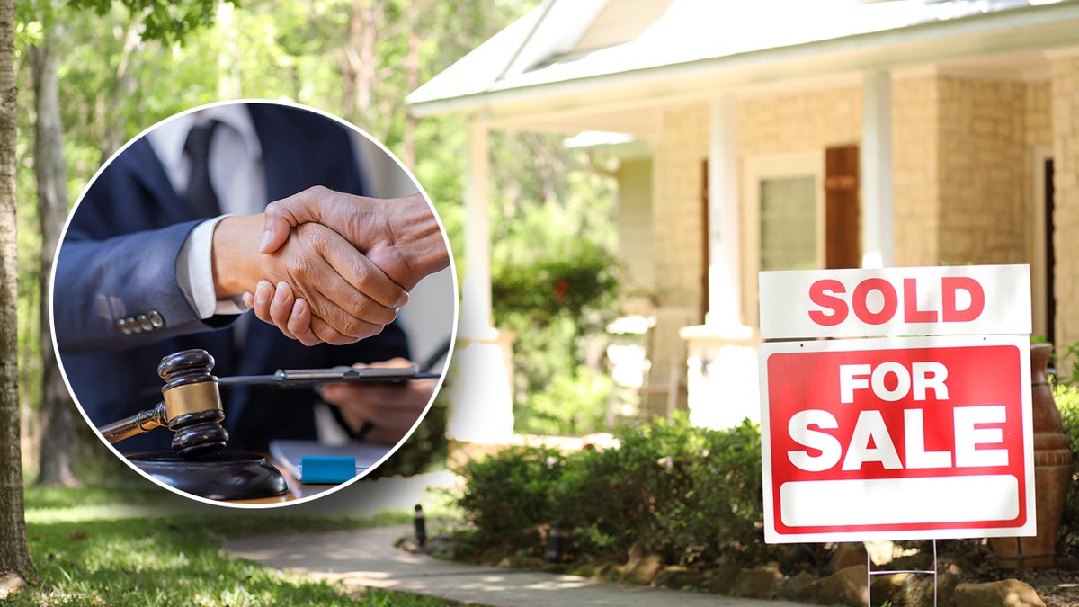 A lawyer shaking hands with a client and a picture of a house for sale in background