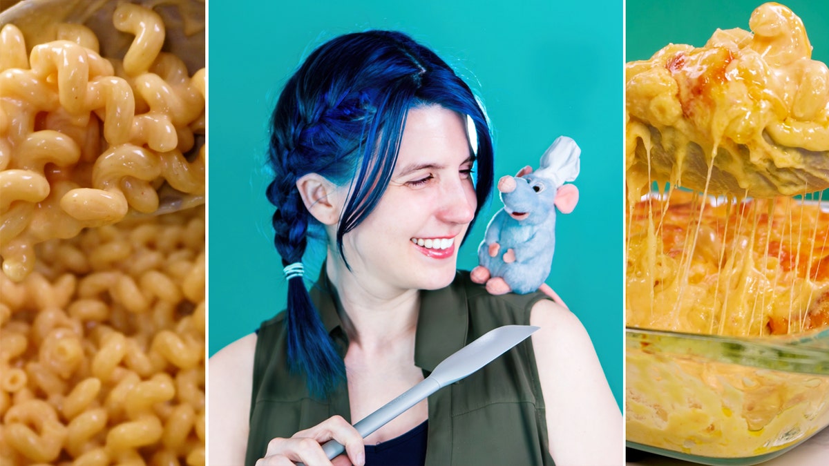 Split image of a creator in the middle with blue hair with a small mouse stuffed animal. The two side pictures are different kinds of mac and cheese.