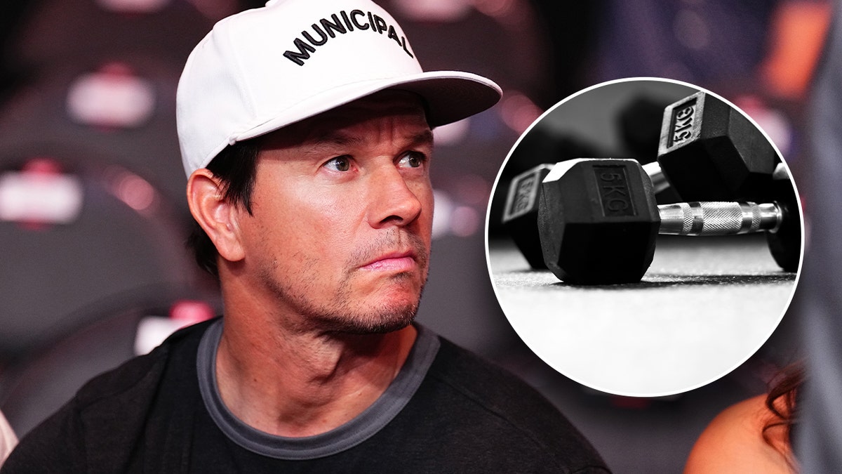 A photo of Mark Wahlberg at a UFC event and a close-up photo of dumbbells on the floor