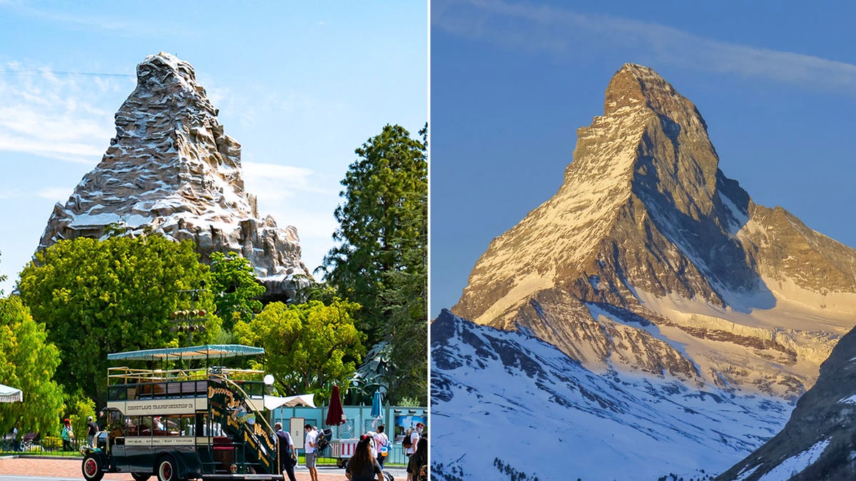 Split image of Disneyland's Matterhorn and the real Matterhorn.