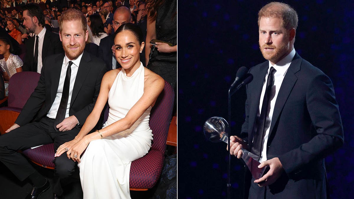 el príncipe harry y meghan sentados en los espys/harry recibiendo un premio