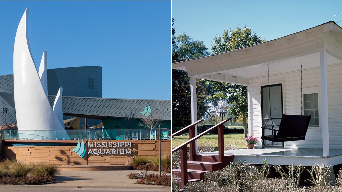 Photo of the Mississippi Aquarium next to a photo of Elvis' birthplace