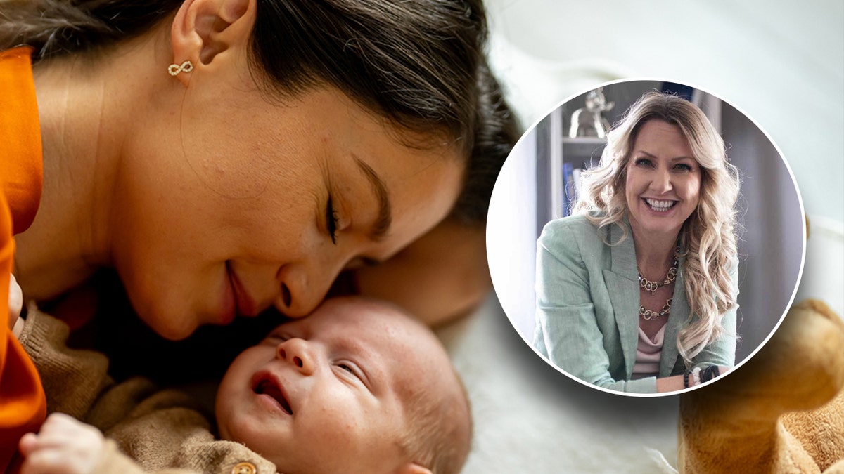 A mom with her baby and a photo of Hannah Keeley, mom expert