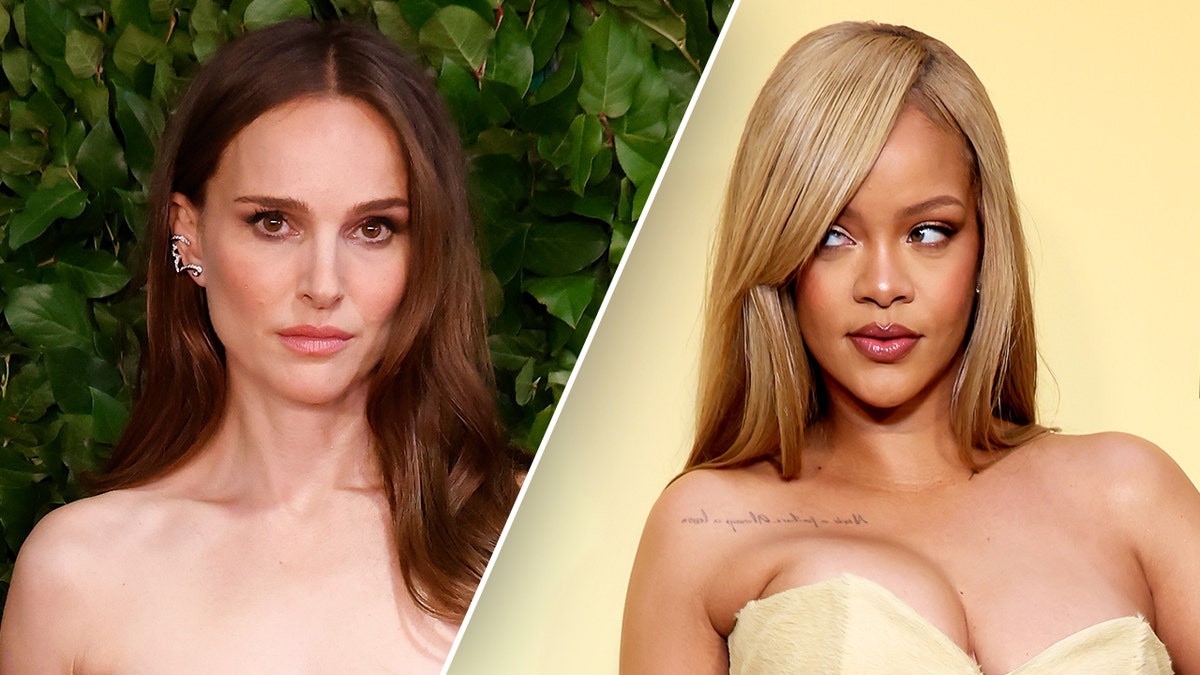 Natalie Portman looks directly at the camera to pose for a photo split Rihanna in a yellow dress looks to her right
