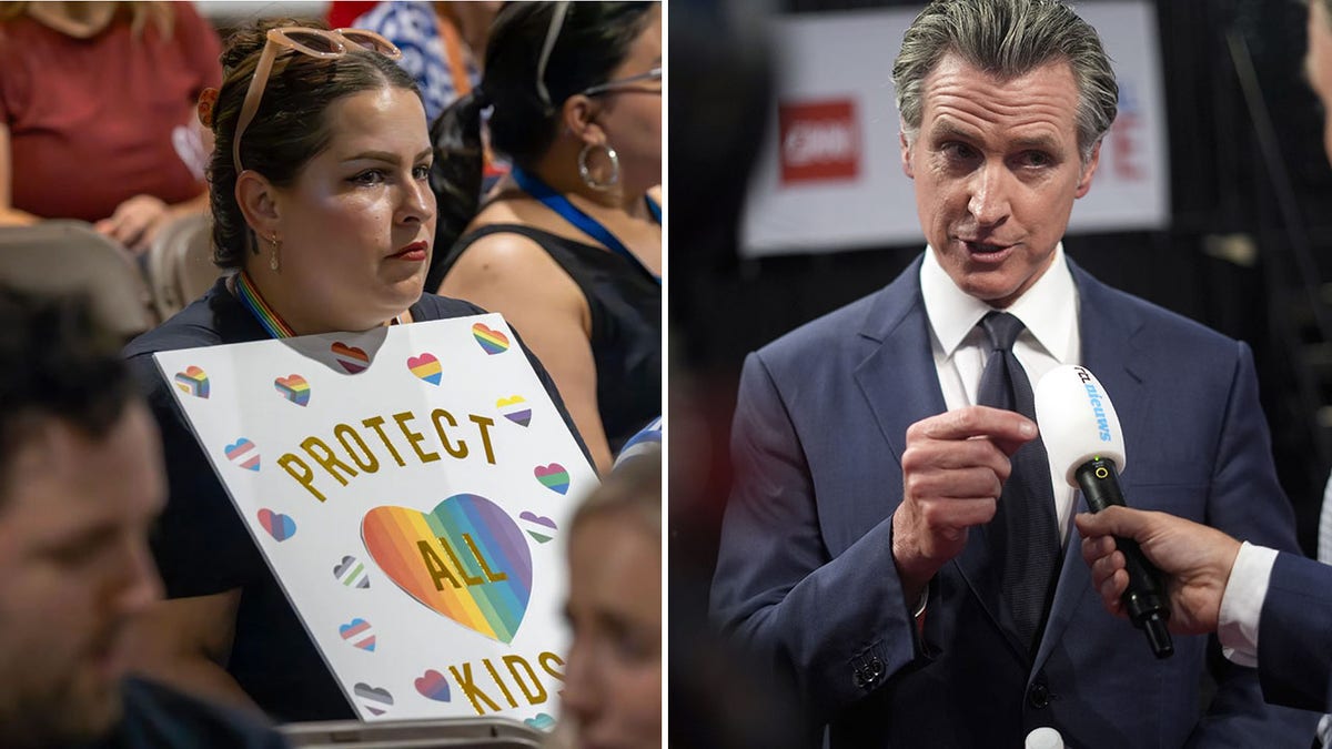 Kaliforniya Valisi Gavin Newsom ve bir ebeveyni bir tabelayla