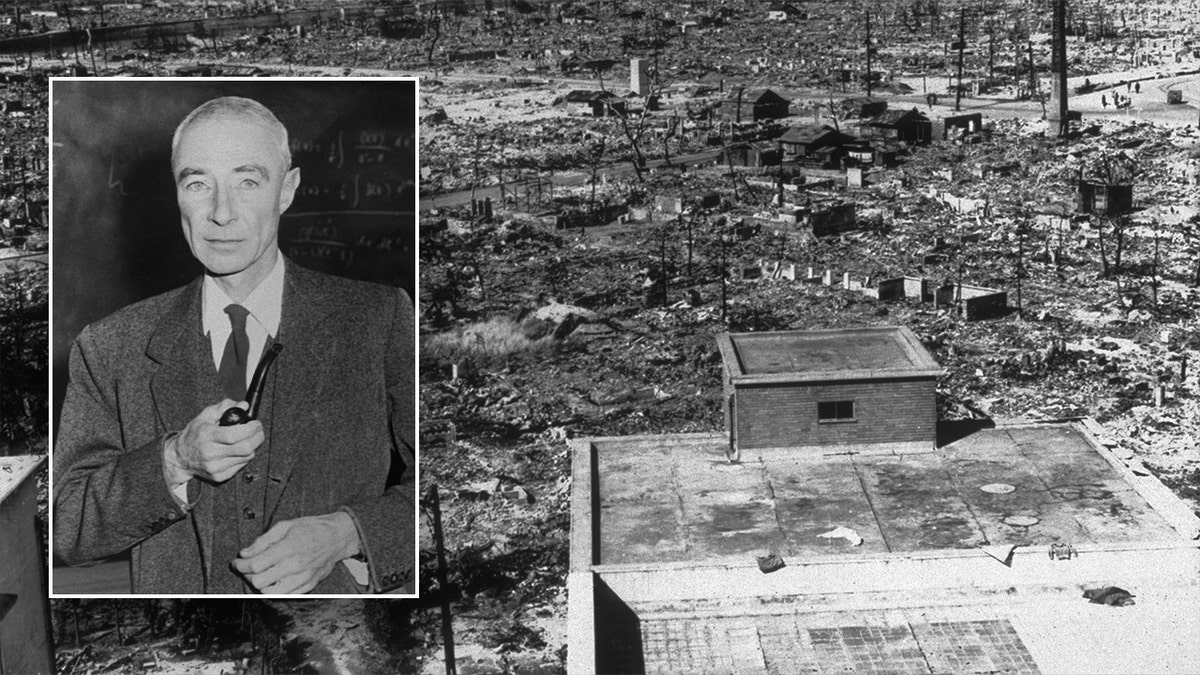 A photo of J. Robert Oppenheimer with destruction of Hiroshima in background