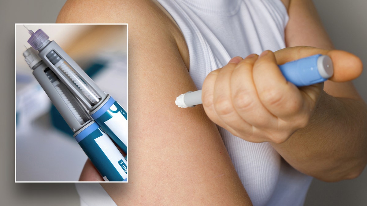 Close-up of Ozempic pens and person injecting needle in background