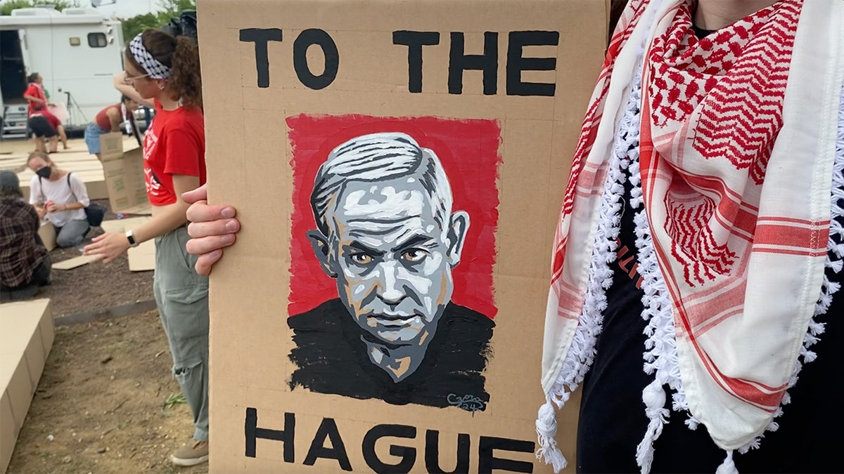 A protester holds a sign with a painting of Israeli Prime Minister Benjamin Netanyahu and the words "to the Hague"