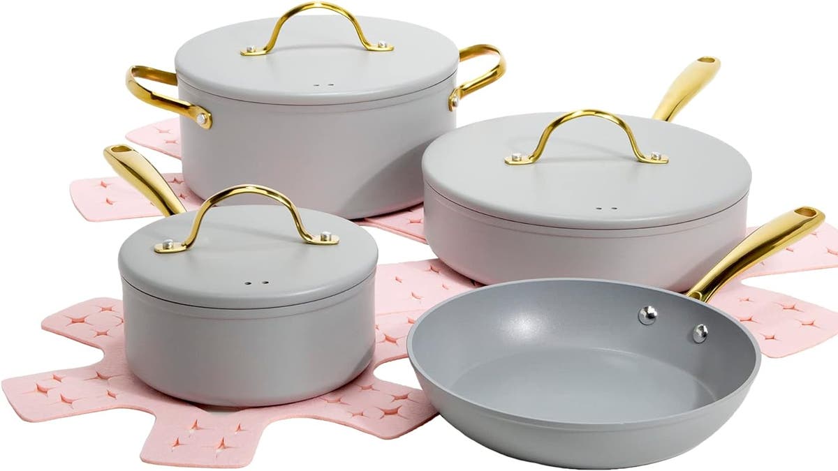 You'll love the hues of this set of pots and pans.