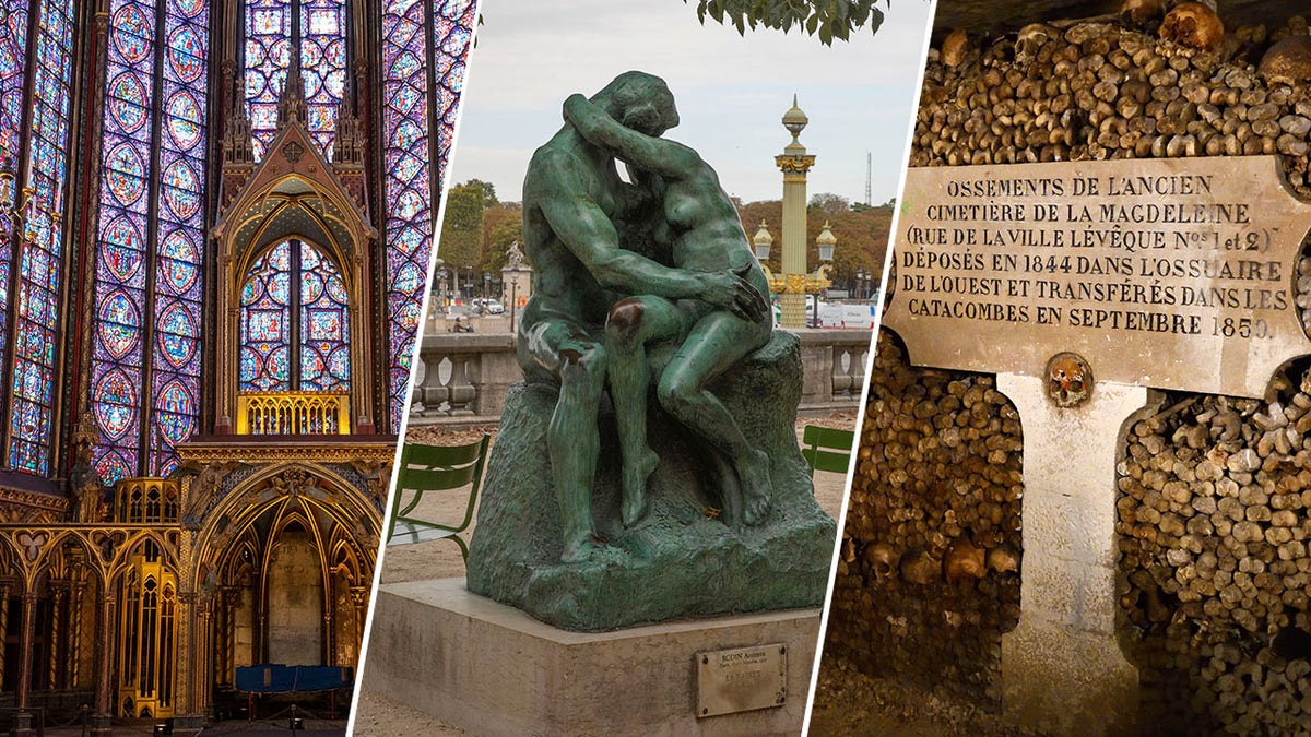 Split image of Sainte-Chapelle, The Kiss, and an ossuary.