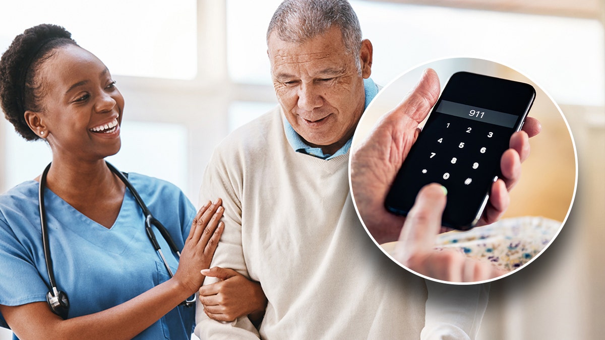 Nurse walking with a patient in background with close-up of person making 911 call
