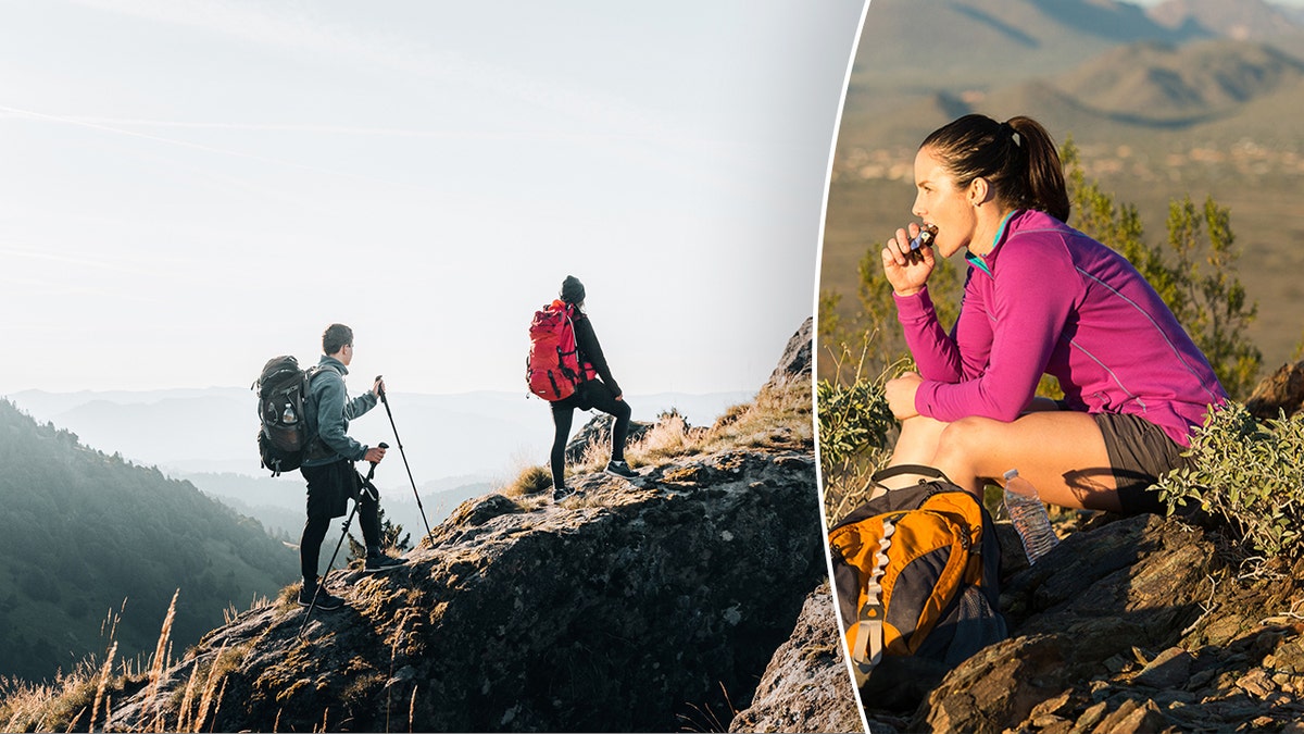 Two people hiking up a mountain next to a photo of a woman eating a snack on a hike