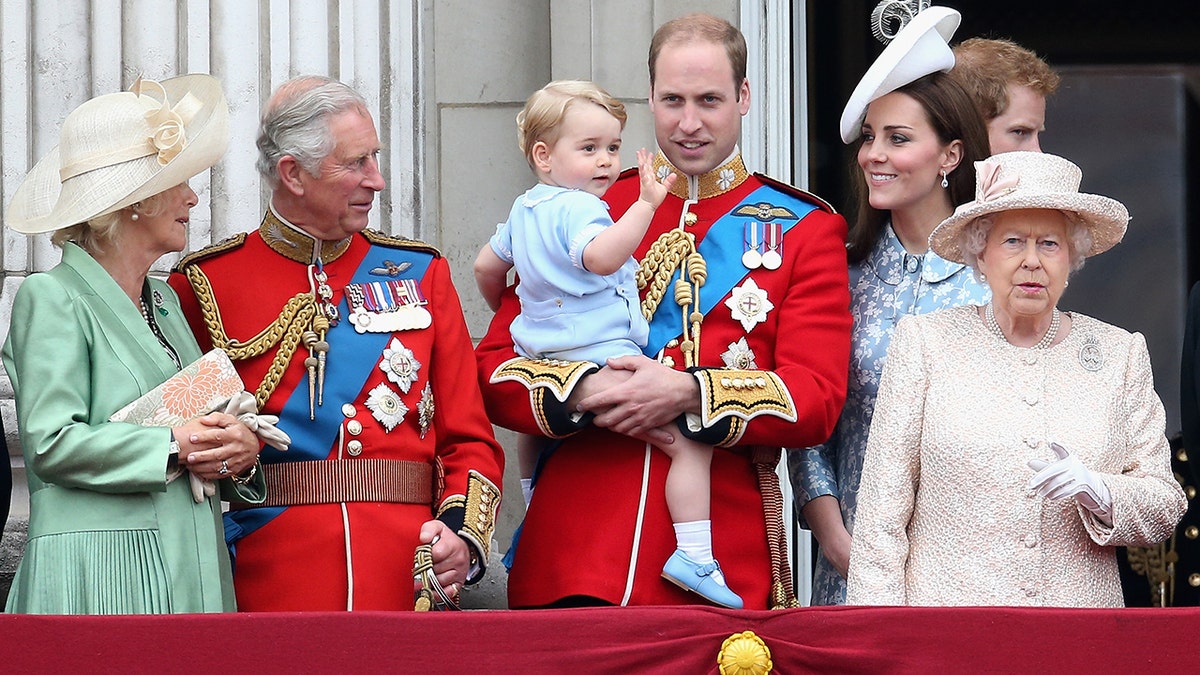 King Charles, Prince George, Prince William, Queen Elizabeth and Kate Middleton on the Trooping the Colour balcony.