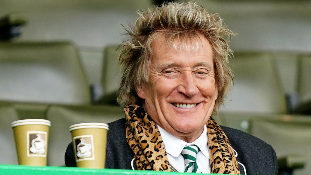 Rod Stewart in a grey jacket, leopard print scarf and green striped tie smiles