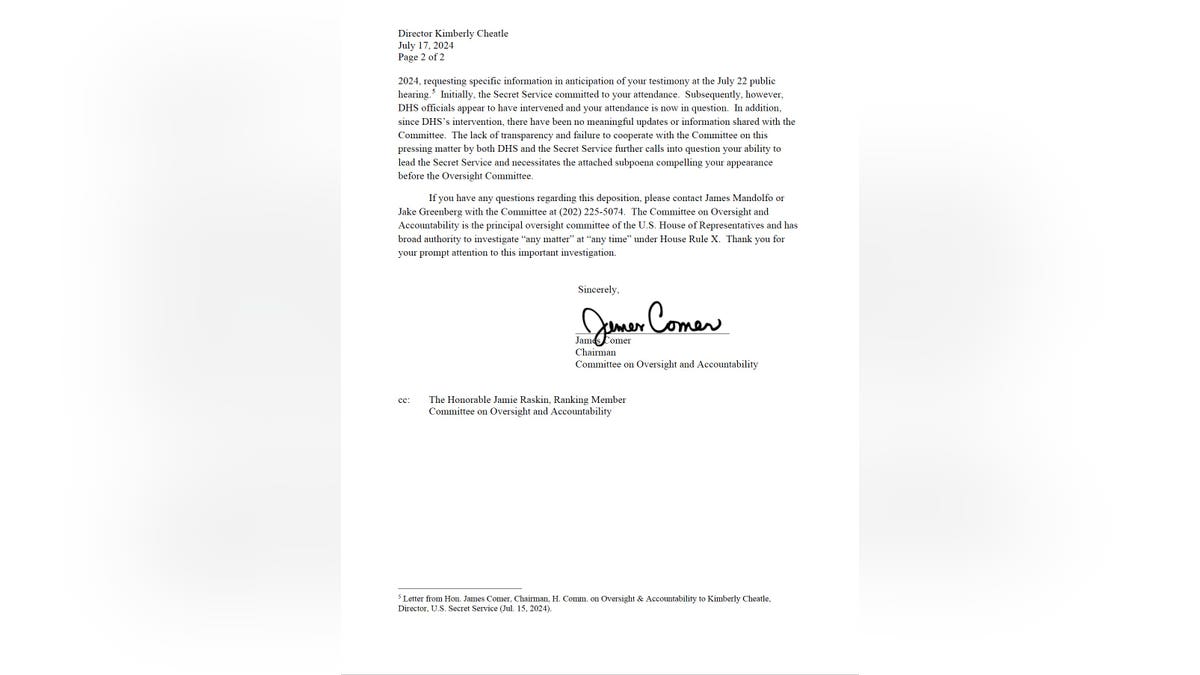 This is the second page of the Oversight Committee's two-page subpoena of Secret Service Director Kimberly Cheatle.