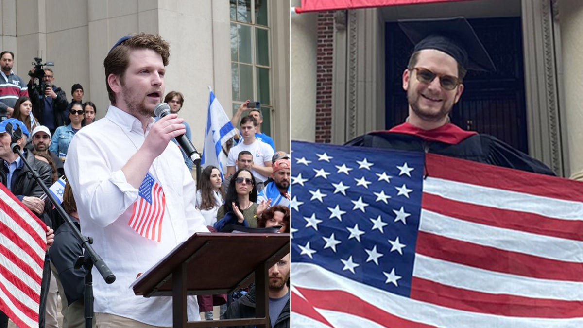 Shabbos Kestenbaum speaking and with American flag