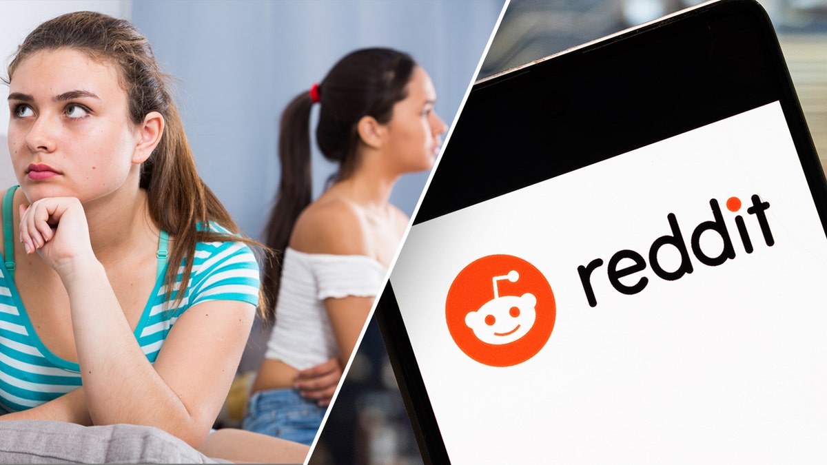 A picture of two women arguing split with an iPhone showing the Reddit logo.