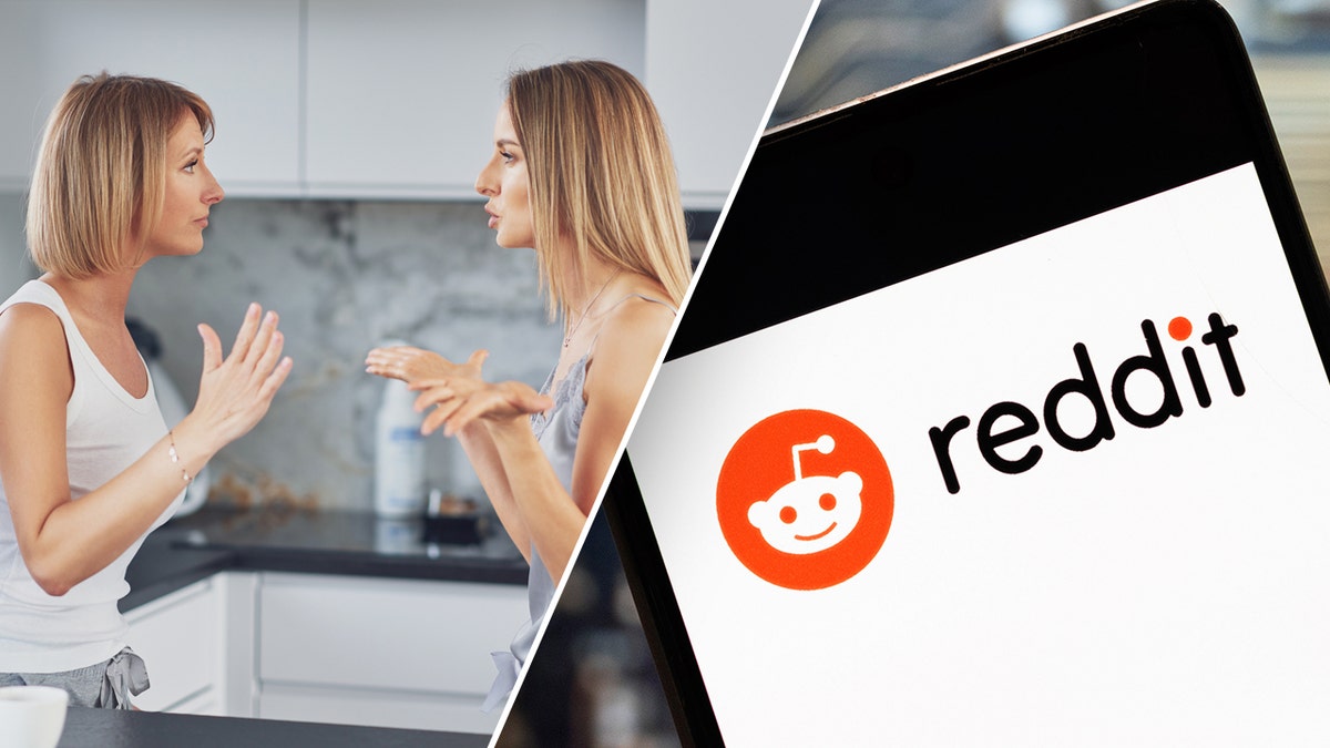 Uma foto dividida de duas irmãs brigando ao lado de uma imagem do logotipo do Reddit exibida em um iPhone.