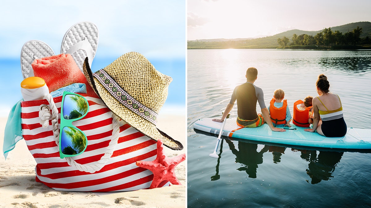 Beach bag and family sitting on paddle board on lake