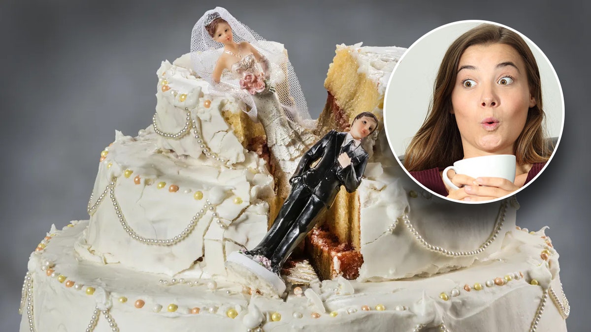 Woman making face over a picture of a smashed wedding cake.