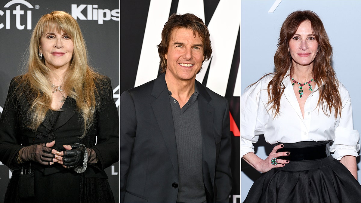 Stevie Nicks sonríe suavemente en la alfombra. Tom Cruise sonríe en la alfombra. Julia Roberts posa en la alfombra con un top blanco y una parte inferior negra.
