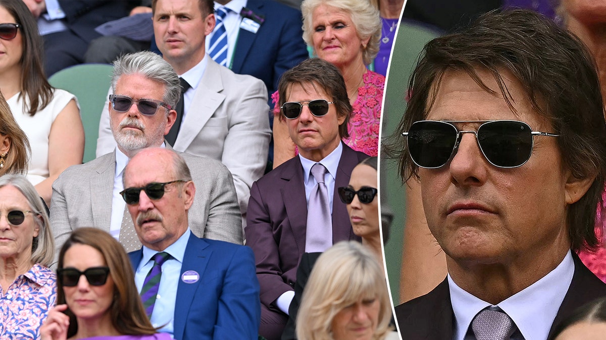 Tom Cruise sits a few rows behind Kate Middleton in a burgundy suit wearing sunglasses inset a close up of his face