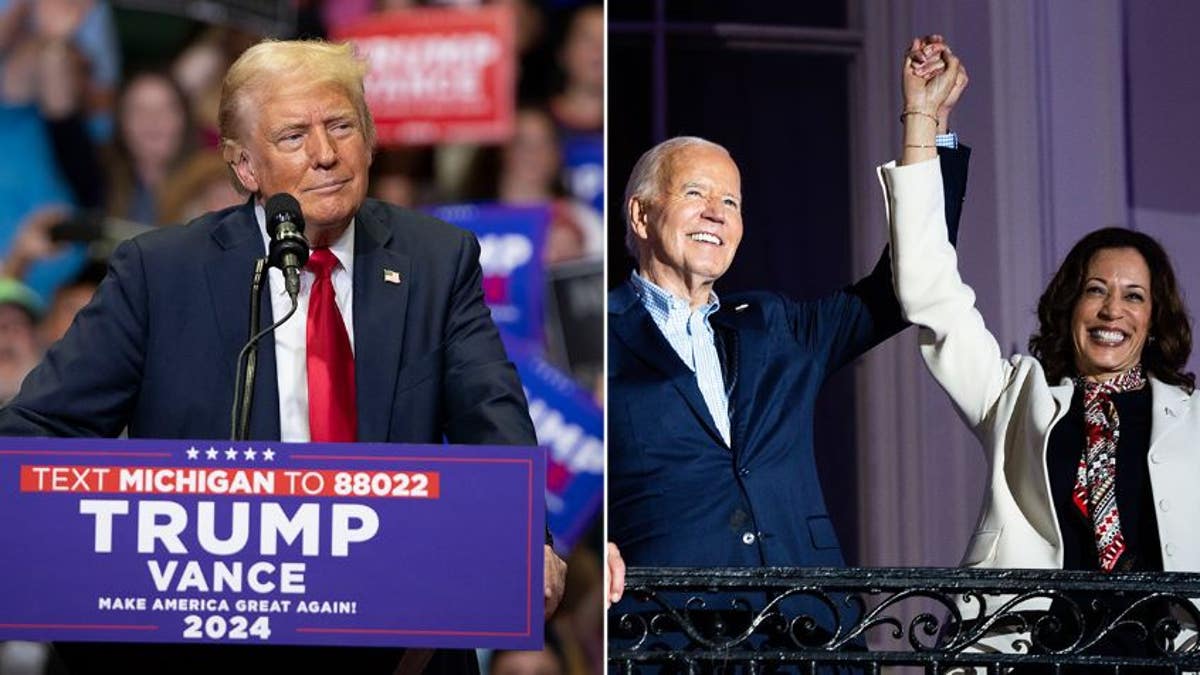 A split of Trump campaigning and Biden and Harris together