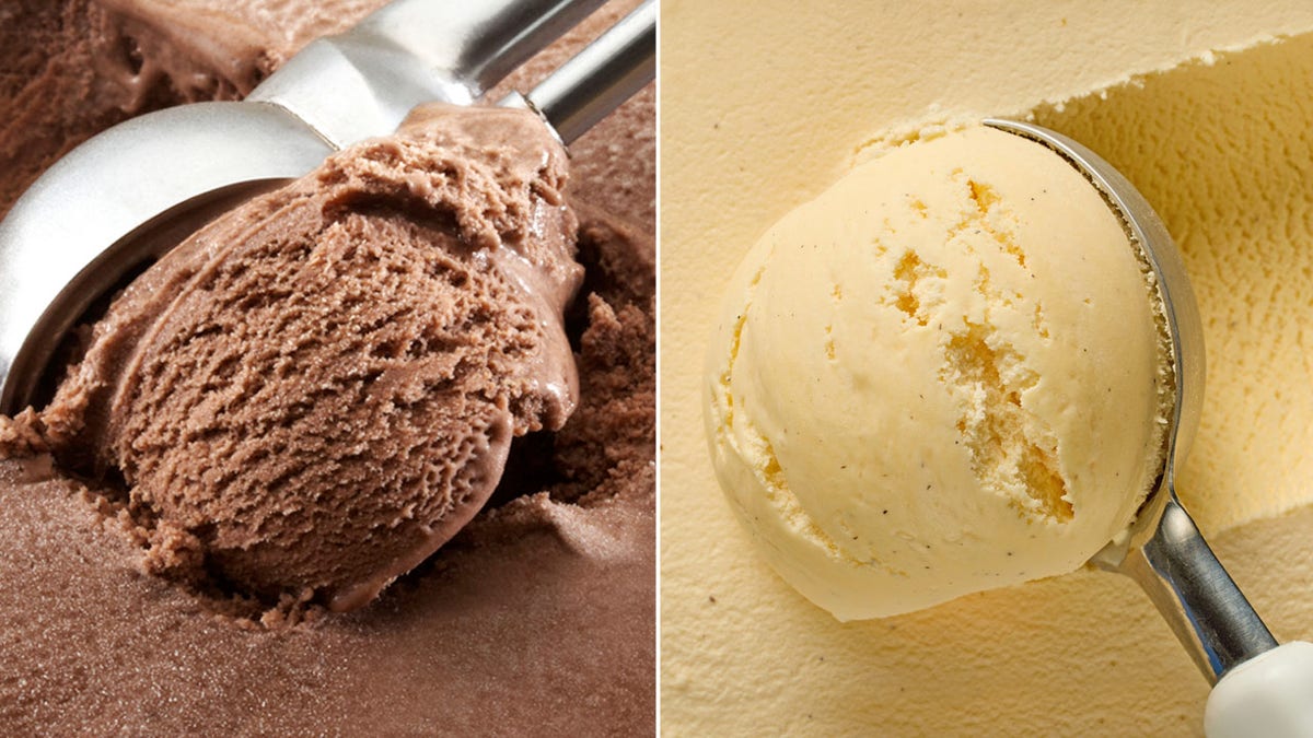 A scoop of chocolate ice cream next to a scoop of vanilla ice cream.