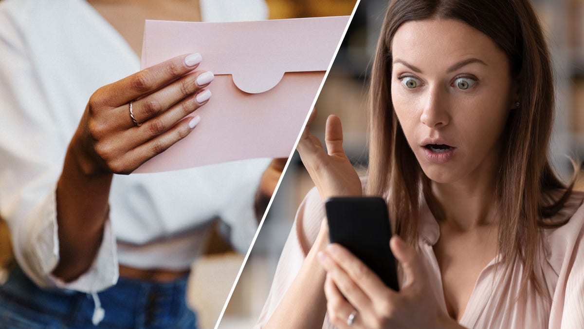 Person holding an envelope split with a woman looking shocked at a phone.