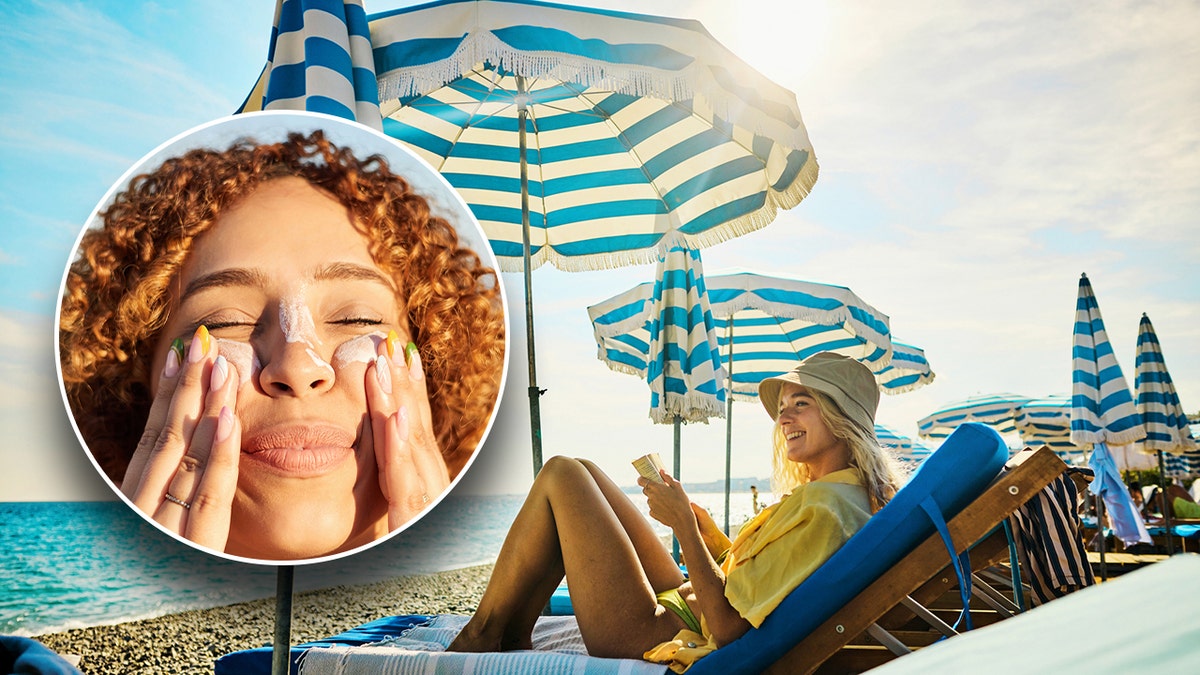 Close-up of woman putting sunscreen on face, with a background photo of woman at the beach