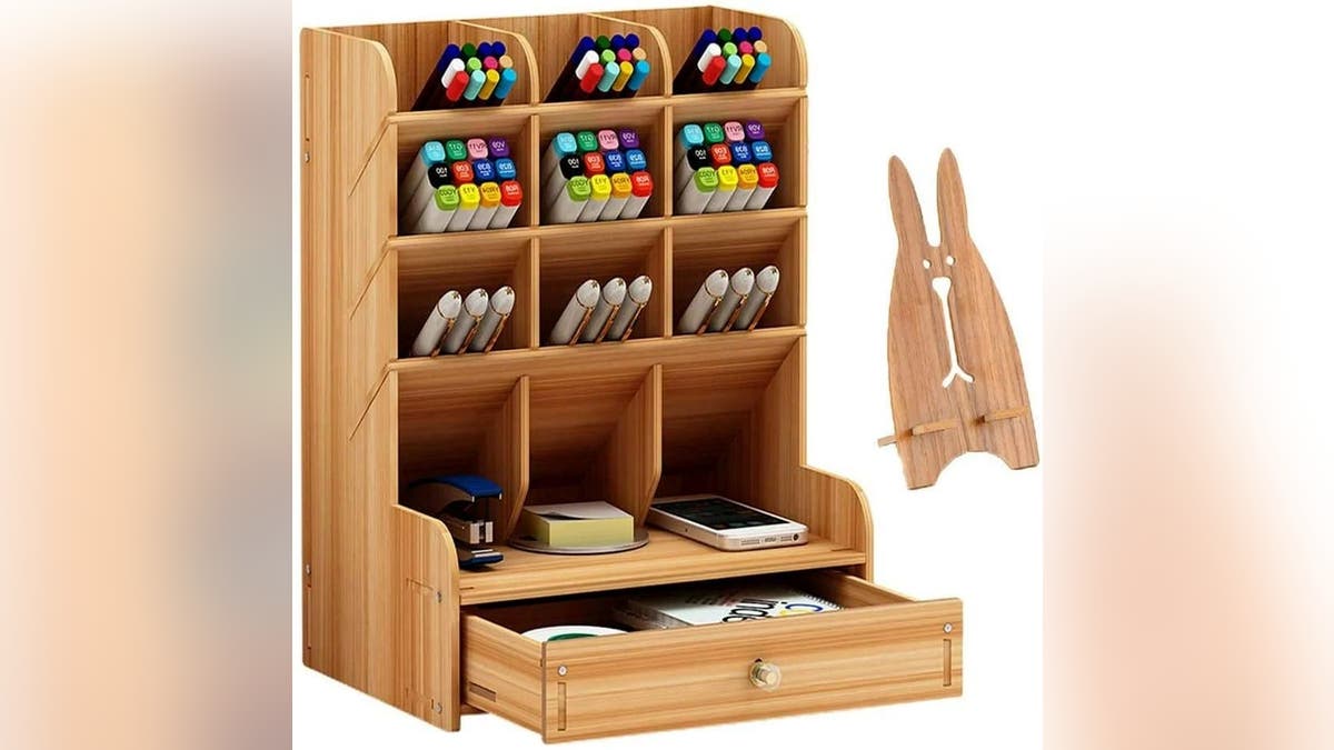 Keep track of markers and pens in this wooden organizer.