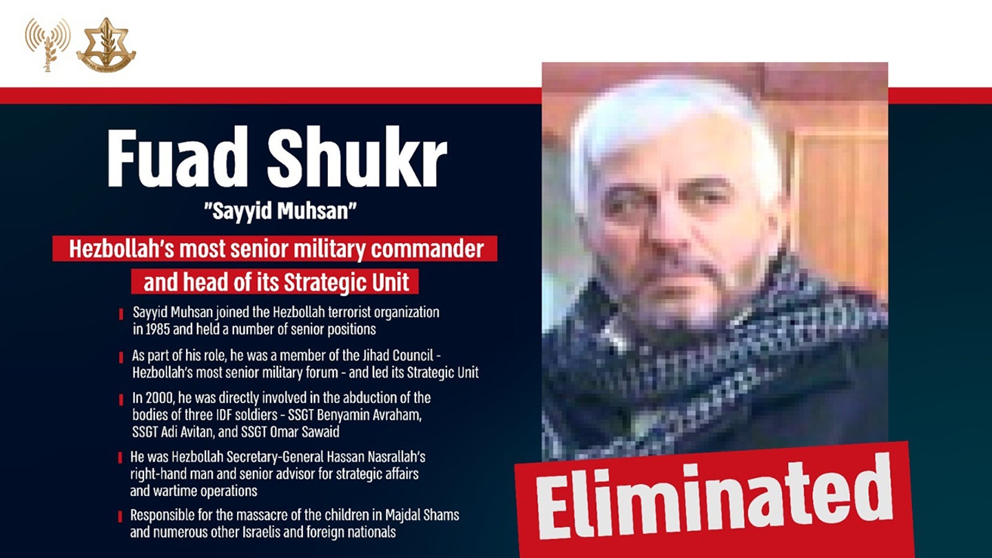 IDF Eliminates Senior Hezbollah Commander Fuad Shukr in Beirut Airstrike