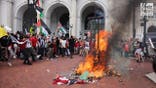 Pro-Hamas supporters cause havoc outside of Union Station in Washington, D.C., Wednesday, July 24, 2024. Protestors burned American flags and effigy of Netanyahu while dancing around singing free Palestine. Protesters also seen putting graffiti statue with pro Hamas messages.