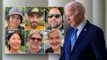 American voters next to file photo of President Joe Biden looking downward