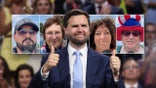 Sen. JD Vance flashes two thumbs up, pictures of American voters in background