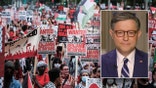 Split image of Mike Johnson and protesters in Washington, DC