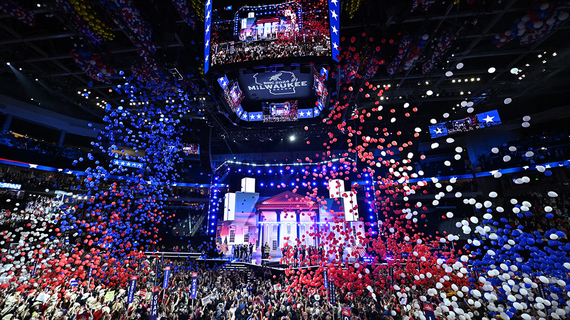 Balloons fall after former US President and 2024 Republican presidential candidate Donald Trump accepted his party's nomination on the last day of the 2024 Republican National Convention