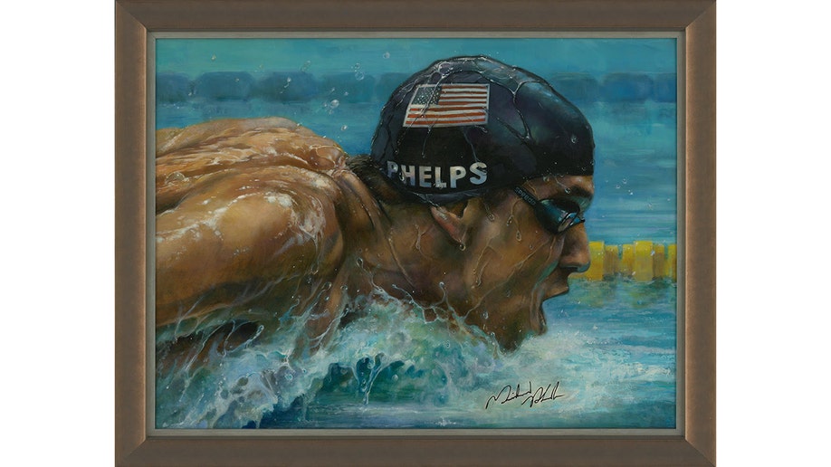 Michael Phelps en los Juegos Olímpicos de Pekín 2008 pintado por Brian Fox