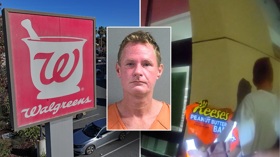 A Walgreens sign and a suspect who stole junk food from a store