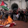 Pro-Palestinian demonstrators burn a U.S. flag, on the day of Israeli Prime Minister Benjamin Netanyahu's address to a joint meeting of Congress