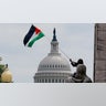 A pro-Palestinian demonstrator waves a Palestinian flag, with the Capitol dome seen in the background, on the day of Israeli Prime Minister Benjamin Netanyahu's address to a joint meeting of Congress on Capitol Hill in Washington, U.S., July 24, 2024. REUTERS/Nathan Howard
