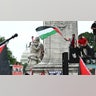 Demonstrators outside Union Station during a joint meeting of Congress with Israeli Prime Minister Benjamin Netanyahu
