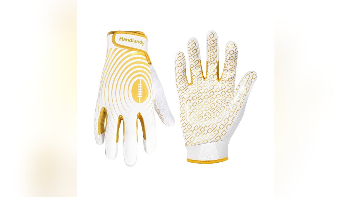 Receiving gloves helps players more easily catch the football. 