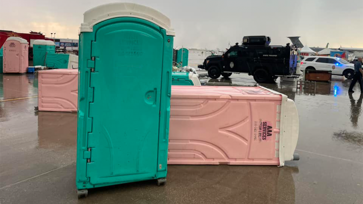 Portable toilets overturned