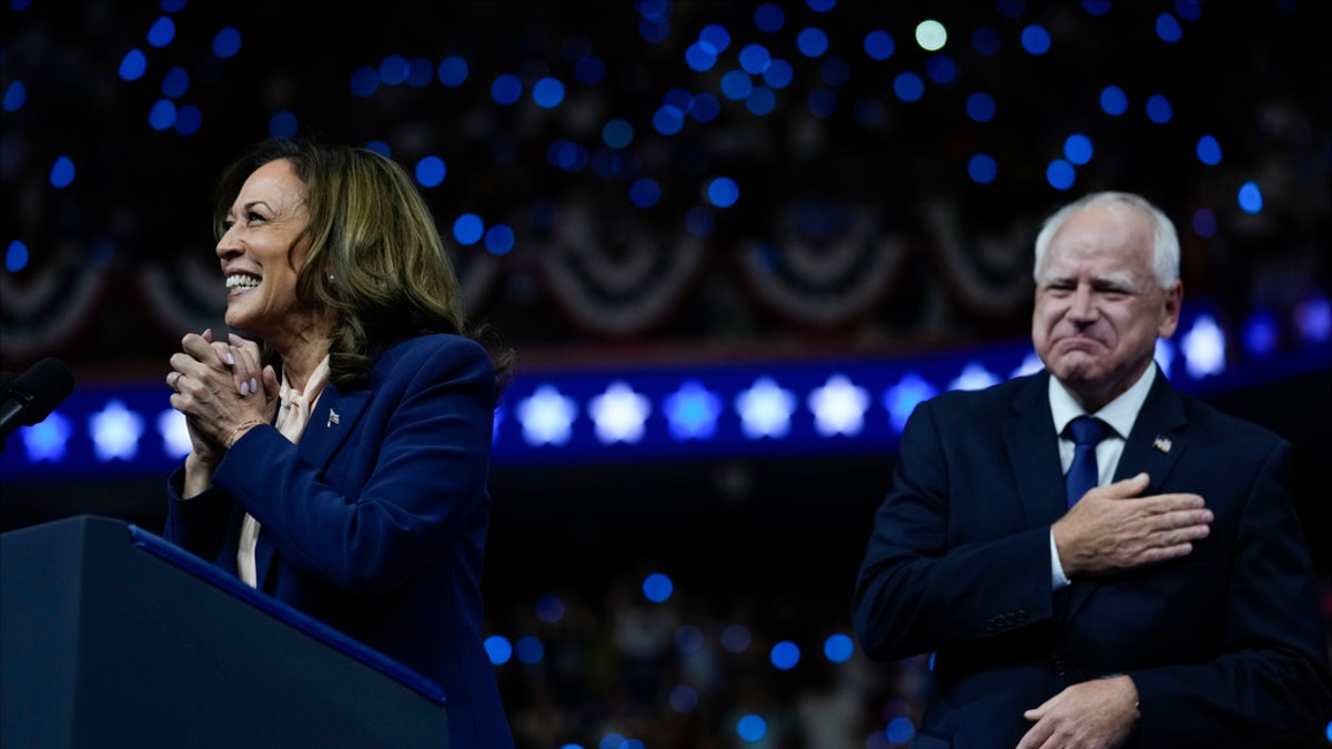 Democratic presidential nominee Vice President Kamala Harris and her running mate Minnesota Gov. Tim Walz speak at a campaign rally in Philadelphia, Tuesday, Aug. 6, 2024.