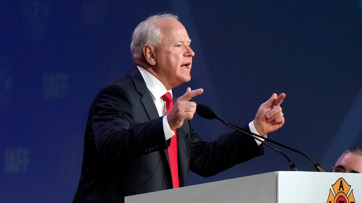 Tim Walz speaks to firefighters union, closeup shot