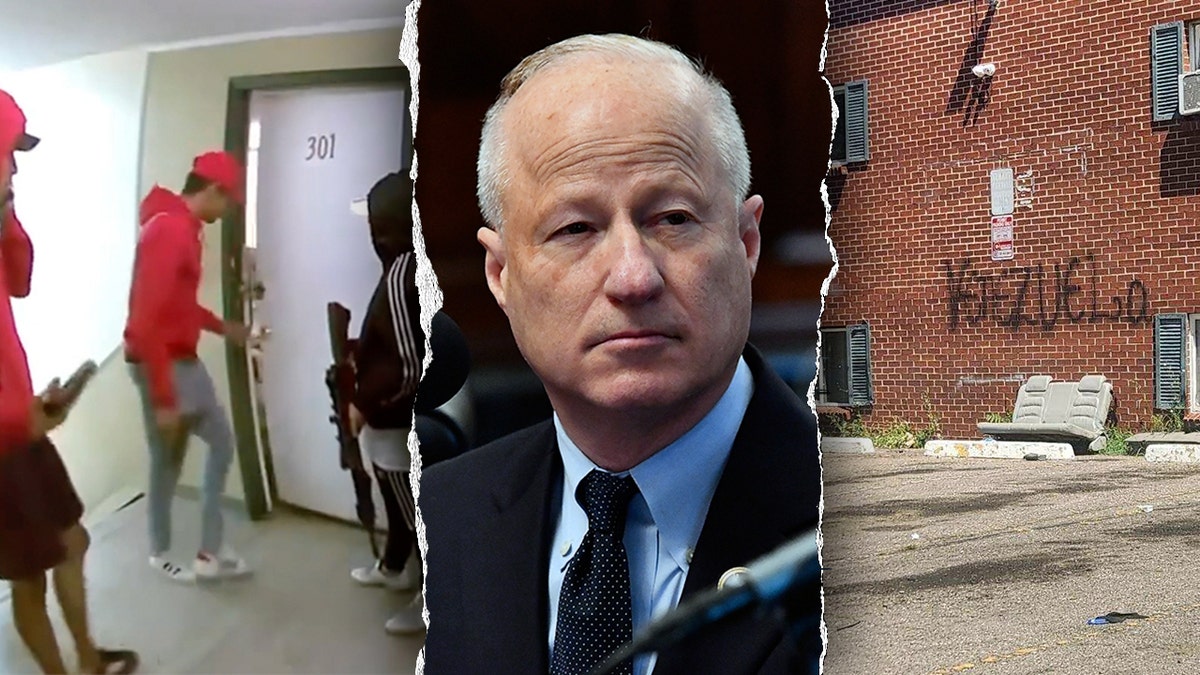 Members of the Tren de Aragua gang armed in apartment, left, Mike Coffman (R-CO), center, apartment building overtaken with "Venezuela" graffiti, right